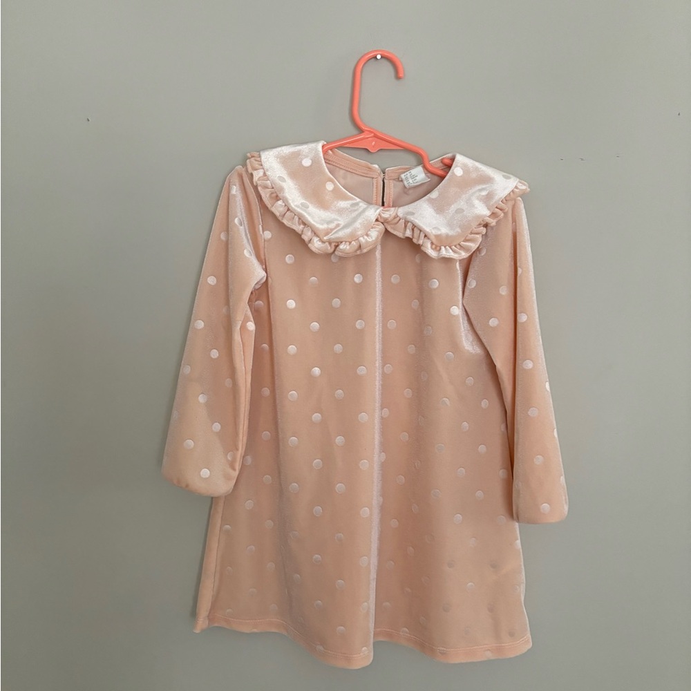 Toddler Girls velour dress 3T ruffle collar polka dots neutral velvet kids fall